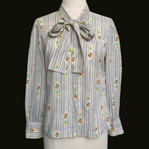70s vintage tie collar blouse bow retro stripe floral pattern top shirt.